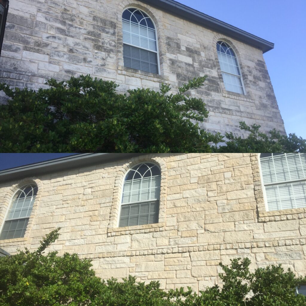 Before-and-after image of a residential stone exterior showing heavy buildup and dark staining transformed into a bright, clean facade after professional pressure washing.