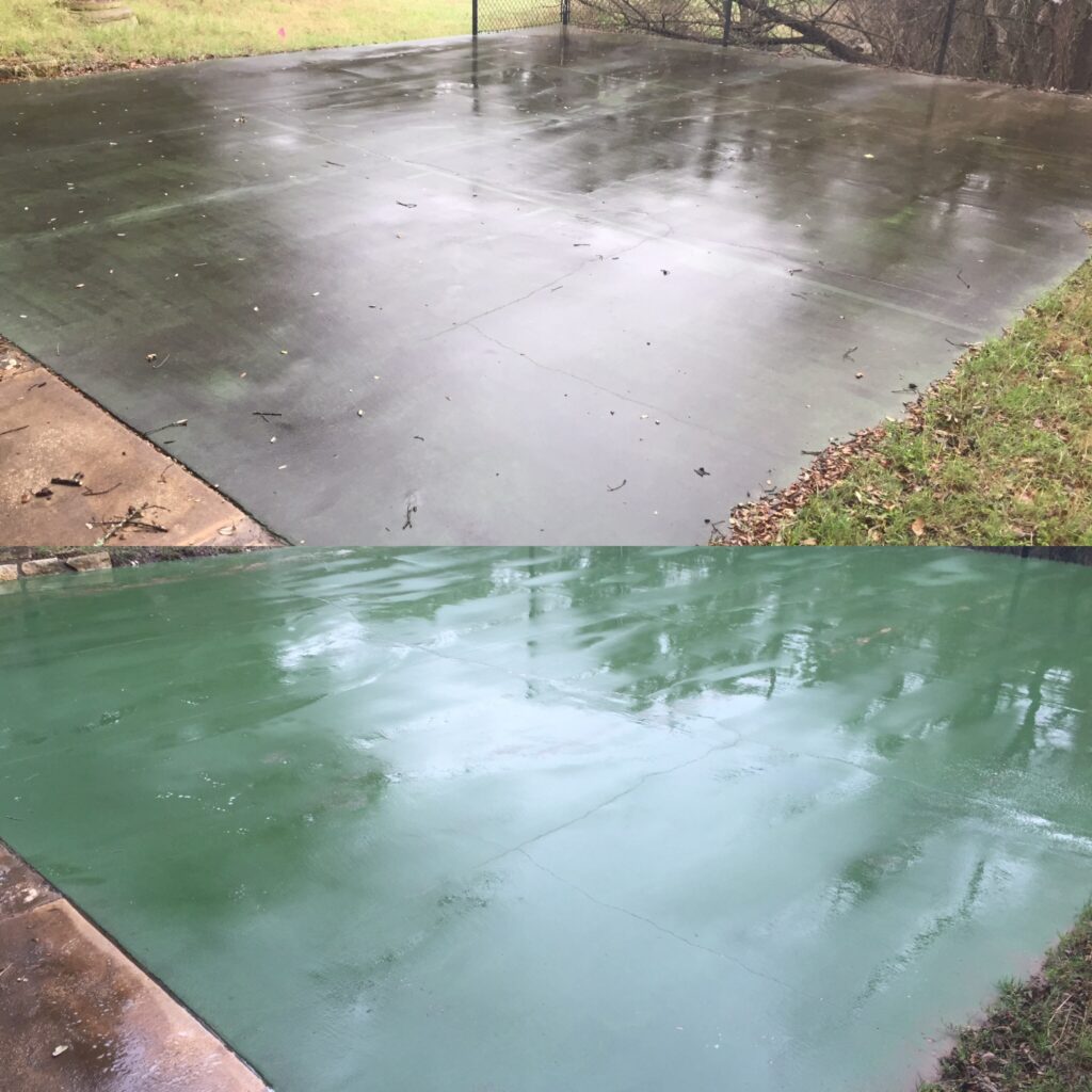 Before-and-after image of a concrete surface showing the difference after pressure washing and restoration, with a dull, dirty surface transformed into a clean, vibrant green finish.