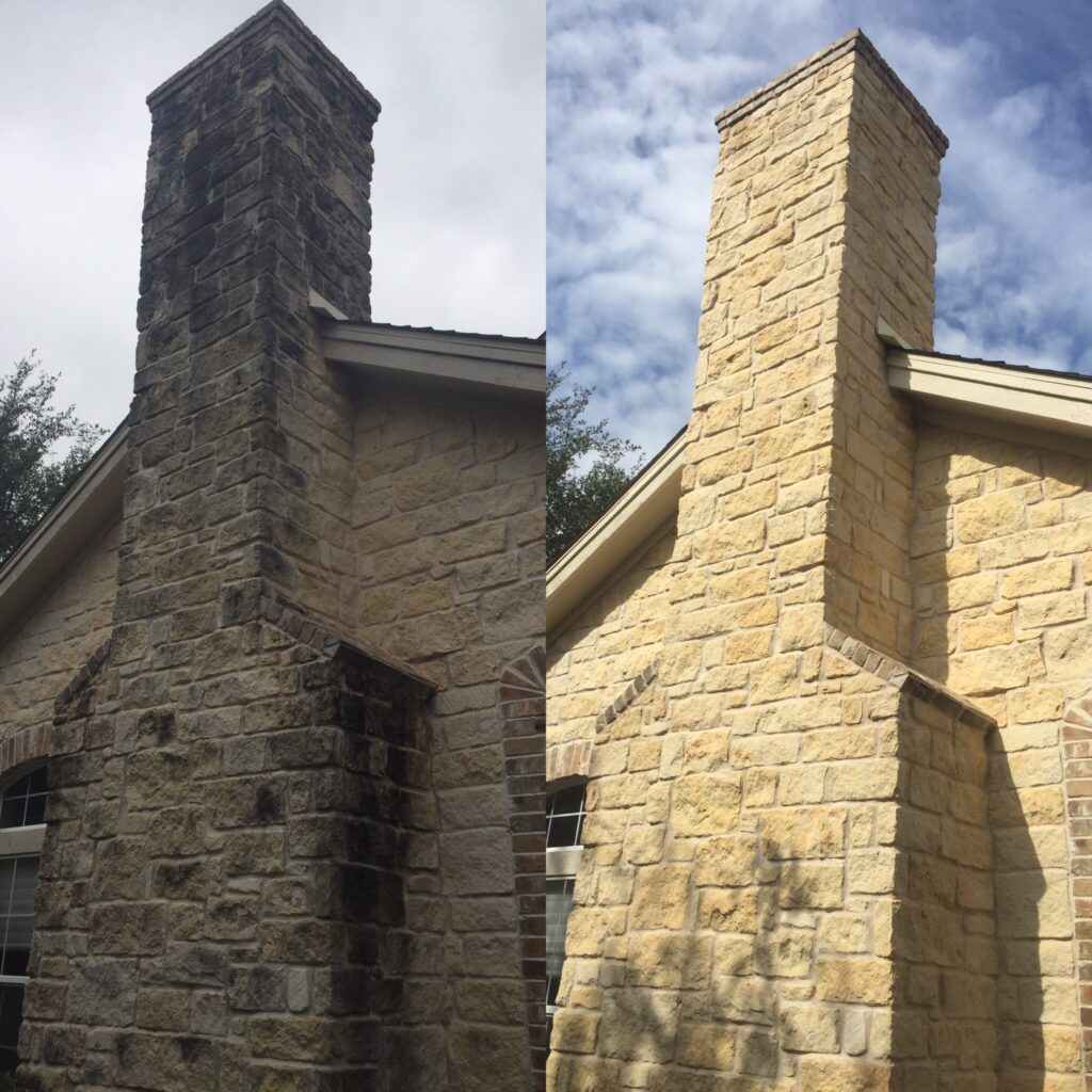 Before-and-after image of a residential stone exterior showing heavy buildup and dark staining transformed into a bright, clean facade after professional pressure washing.