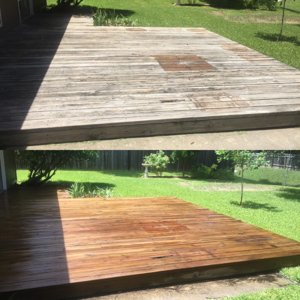 Before-and-after comparison of a wooden deck, showing the transformation from weathered gray boards to clean, vibrant wood after professional pressure washing.
