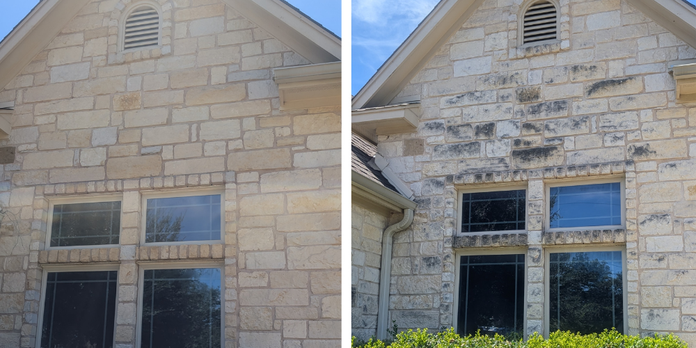 Austin stone house after being power washed by Luke's Pressure Wash