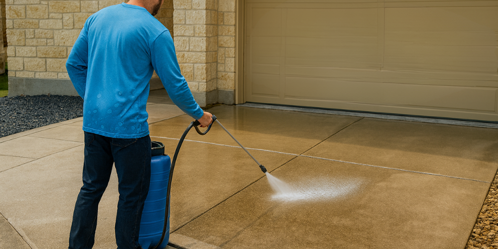 Professional technician in blue uniform sealing a concrete driveway with a pump sprayer outside a Texas home, showing glossy finish and clean results, Luke’s Pressure Washing driveway sealing service in Georgetown, Texas