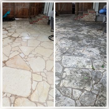 Side-by-side comparison of a stone patio before and after pressure washing, showing dramatic improvement from dark, stained stone to bright, clean surfaces.